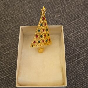 Gold Christmas Tree Brooch with Multicolor Accents